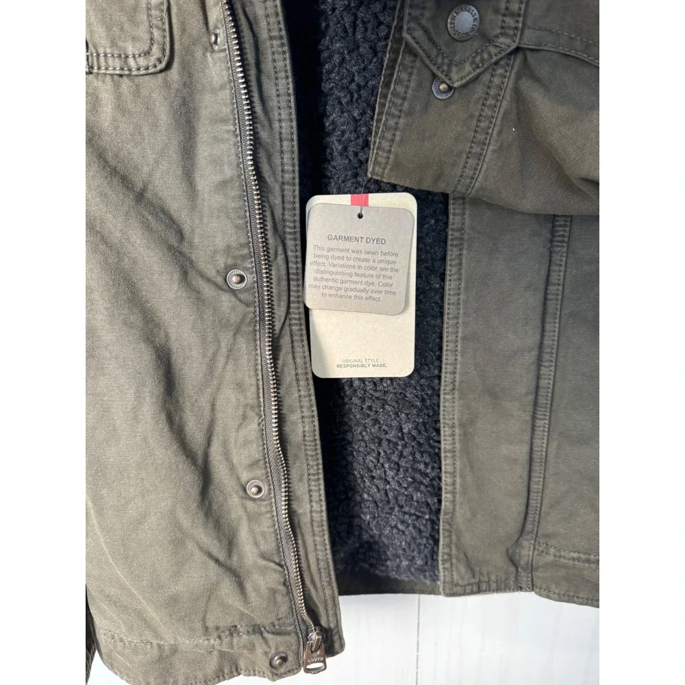 Levi's Mens Military Jacket Green‎ Olive Washed Cotton Sherpa Lined Hooded Small